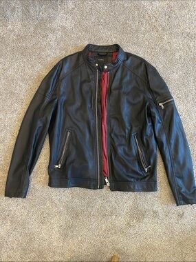 Zara Black Faux Leather Men’s Bomber Jacket with Red Lining